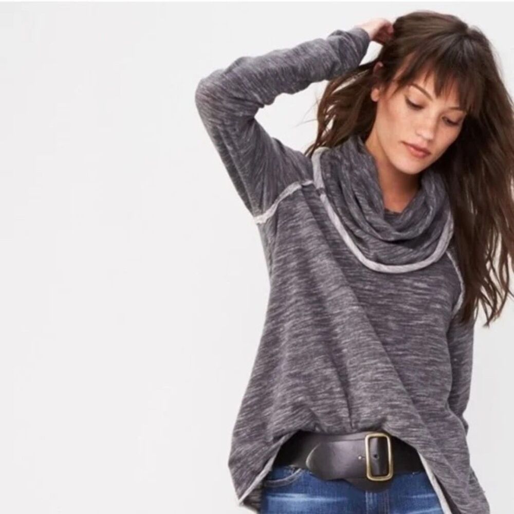 Free People 100% Cotton Gray Oversized Funnel Neck Cowl Pullover Sz XS/S NWT - Picture 2 of 8